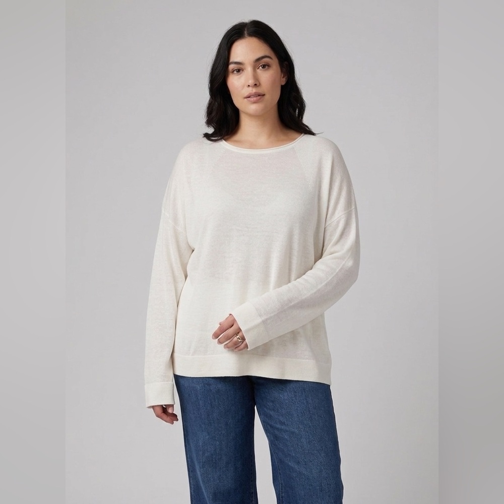 Eileen Fisher ORGANIC LINEN COTTON Raglan Sleeve Top Round Neck Size XL Ivory